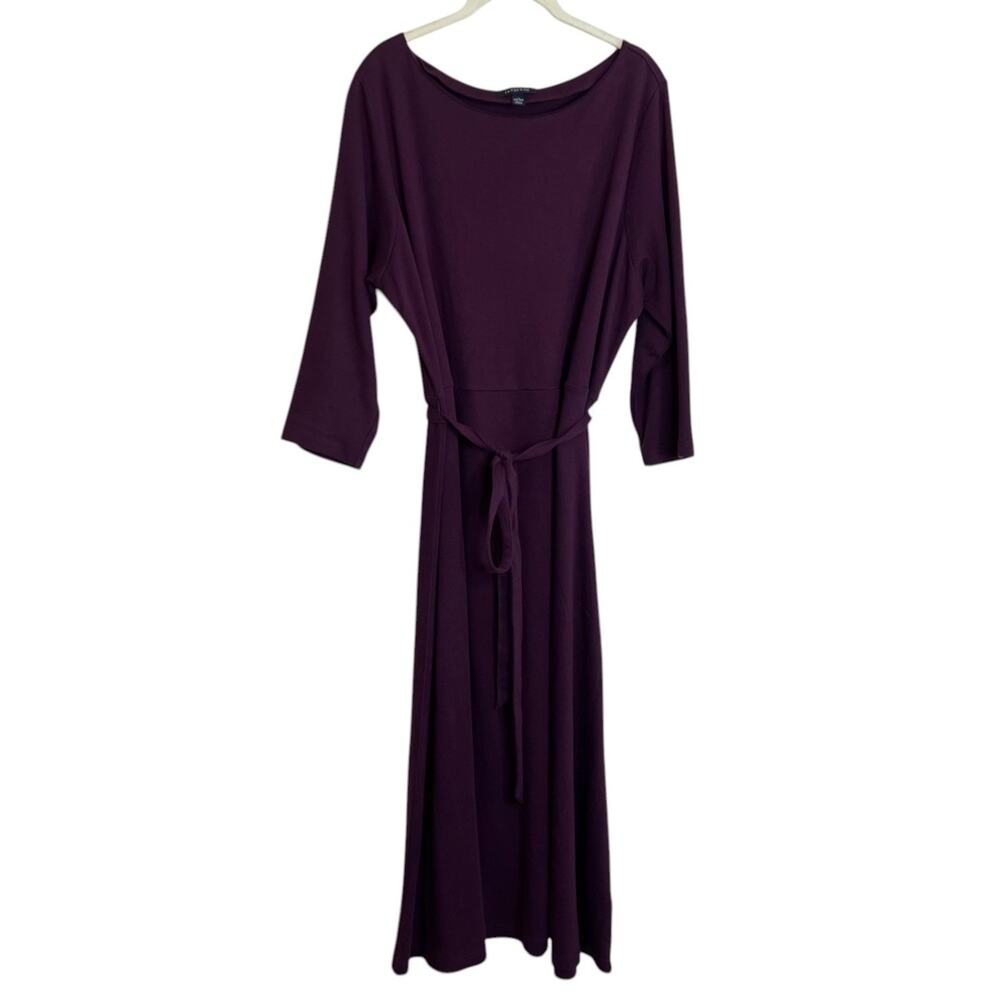 Lands' End Womens Knit Midi Dress 1X Belted Burgundy 3/4 Sleeve